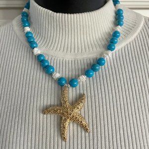 VINMOD Designs Coastal Gold Starfish with Blue Bead & Shell Necklace Set 18"-19"